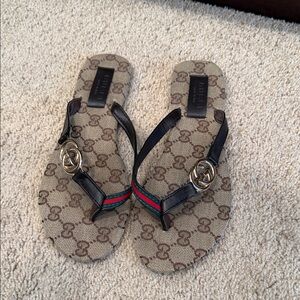 Gucci Tan and Black Logo Flip-Flops
